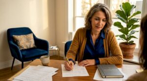 Un hypnothérapeute en séance, en train de rédiger des notes dans son cabinet.