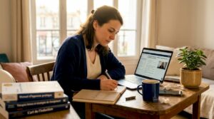 Une femme plongée dans l’apprentissage de l’hypnose chez elle, entourée de livres et de carnets éparpillés sur la table.