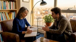 Séance de supervision dans le cadre chaleureux d’un cabinet de psychologue