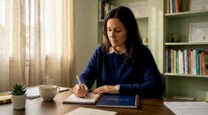 Le thérapeute prend des notes pendant la consultation, afin de mieux suivre l’évolution de la séance et garder trace des échanges.