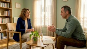 Un échange entre le thérapeute et son patient autour de leurs convictions, lors d’une séance.