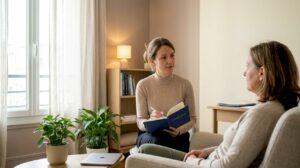 Hypnothérapeute en consultation, prenant des notes pendant l’entretien avec son patient.