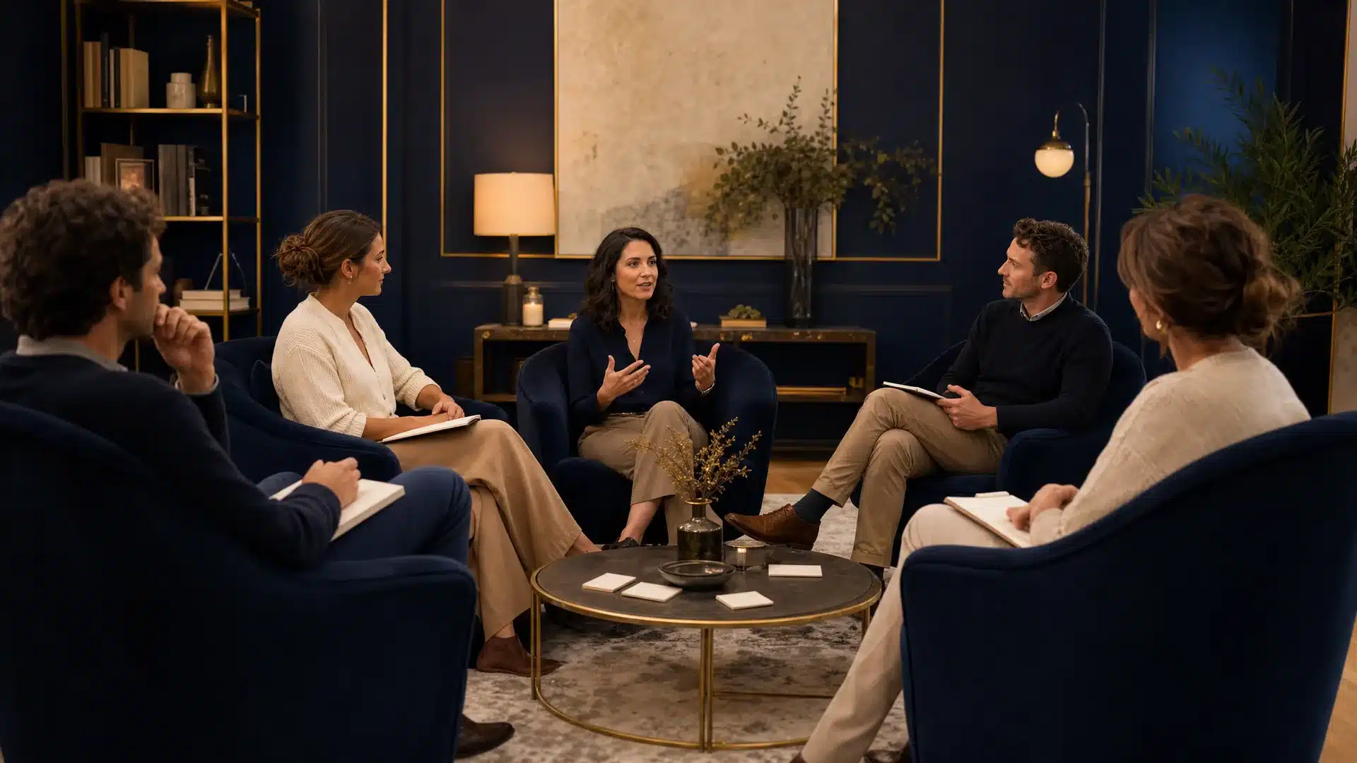 Groupe de thérapeutes assis en fauteuils lors d’un mentorat INCARNATIO pour la réussite professionnelle