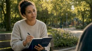 Psychologue en séance, prenant des notes sur son carnet