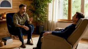 Un hypnothérapeute accompagne son patient tout au long d’une séance, l’aidant à accéder à un état de relaxation profonde pour favoriser le mieux-être.