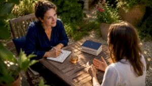 Le coach écoute avec attention et bienveillance pendant la séance, prêt à saisir chaque nuance pour accompagner au mieux son client.