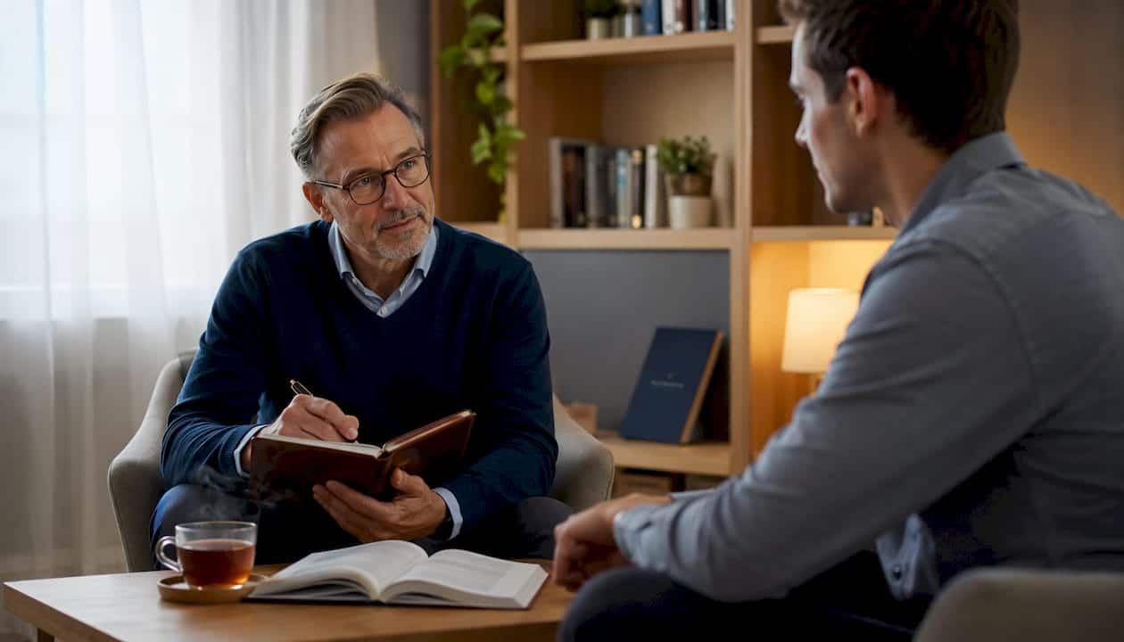 Un conseiller échange avec un jeune homme lors d’un entretien professionnel.