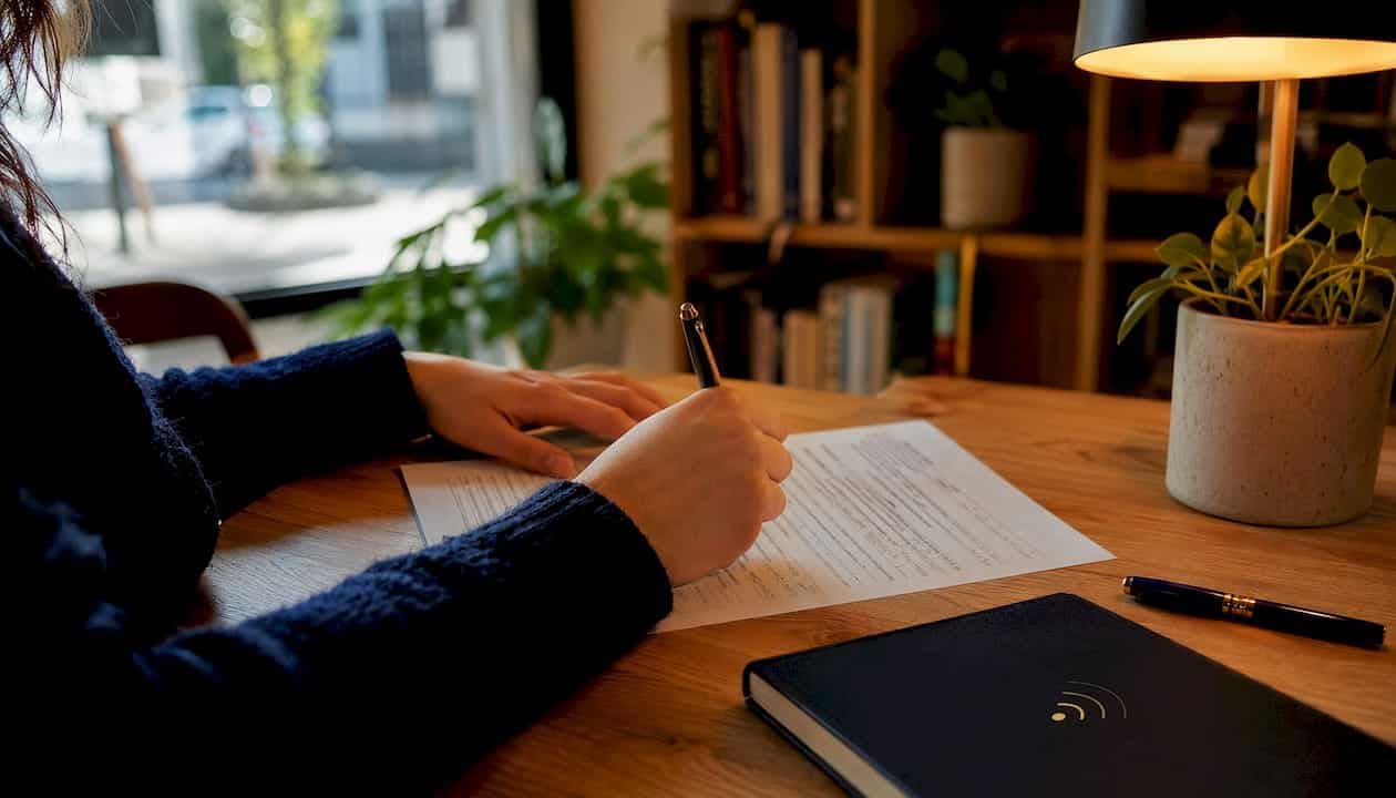 Une personne remplit un questionnaire psychologique, concentrée à son bureau.