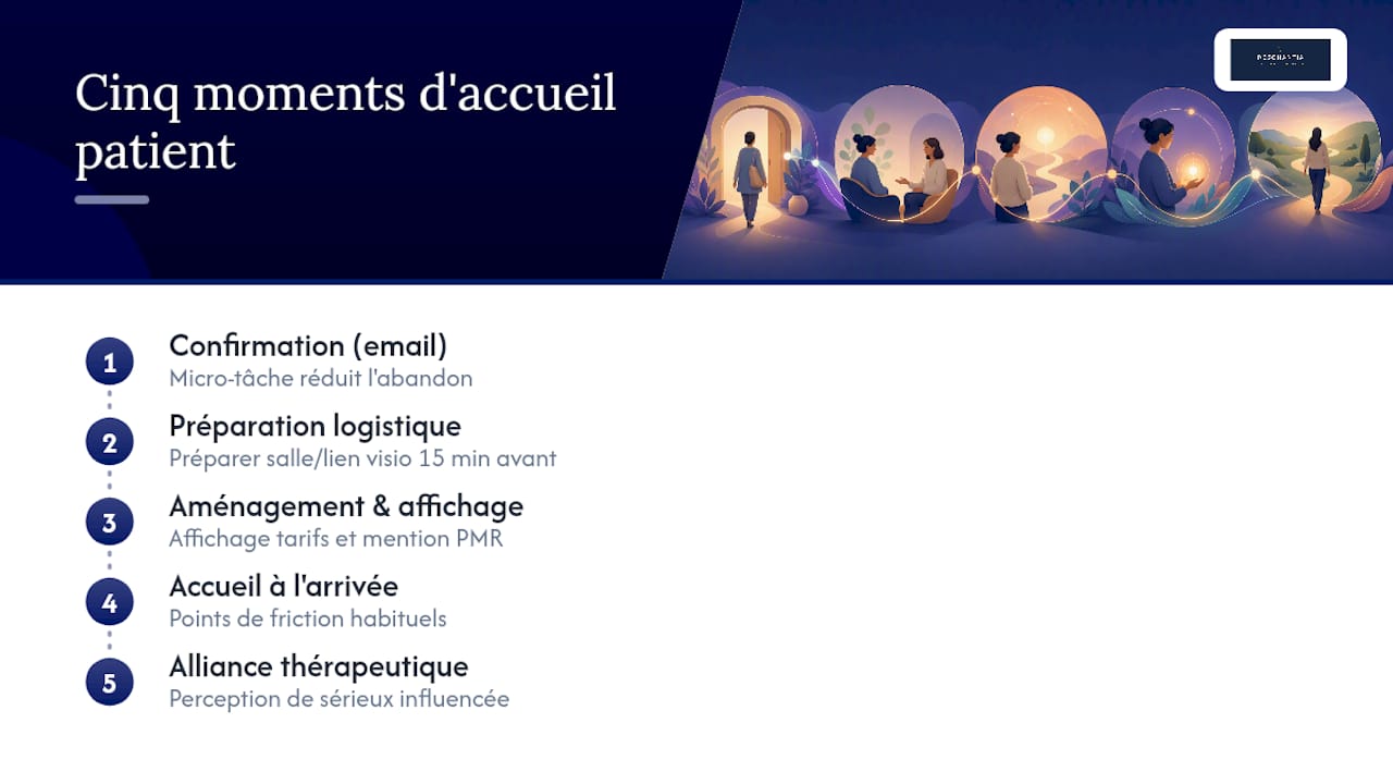 Schéma des différentes étapes du parcours d’accueil du patient, avec identification des points de blocage potentiels