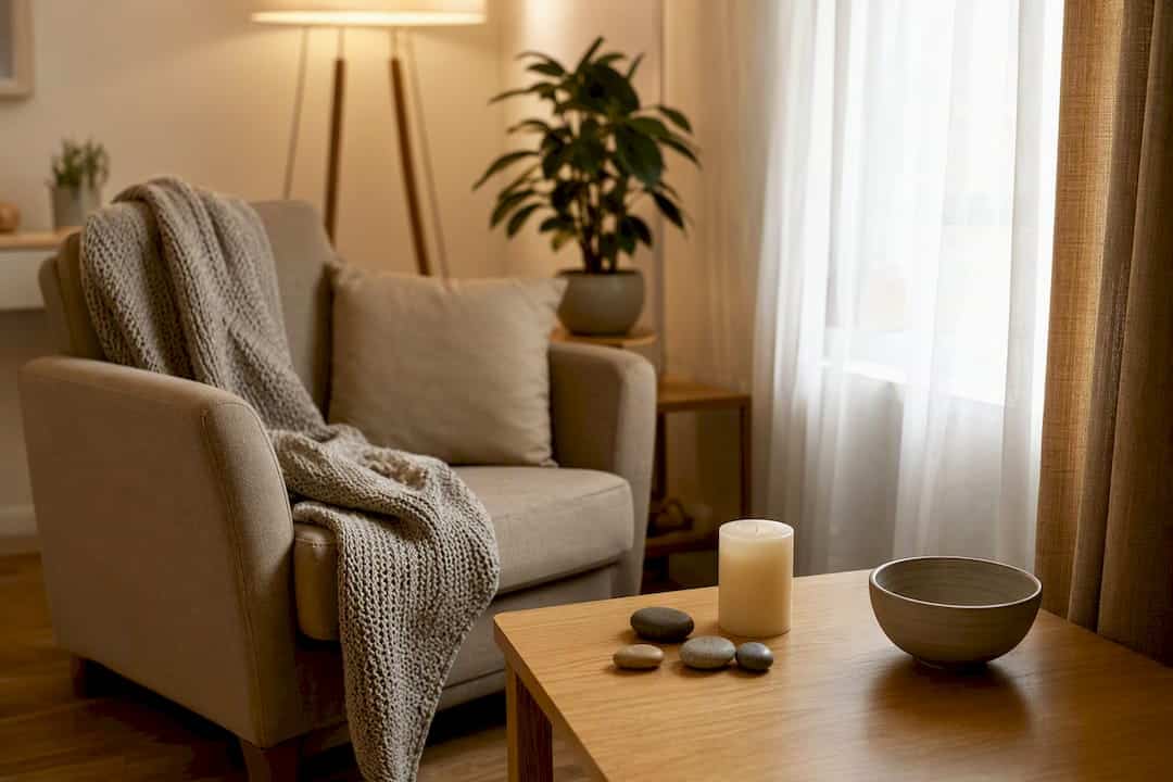 Coin apaisant de la salle de thérapie avec des objets relaxants