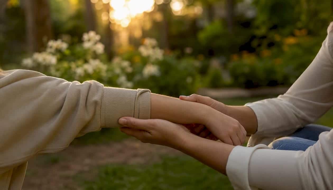 Thérapeute guidant doucement le bras de l'enfant en hypnose